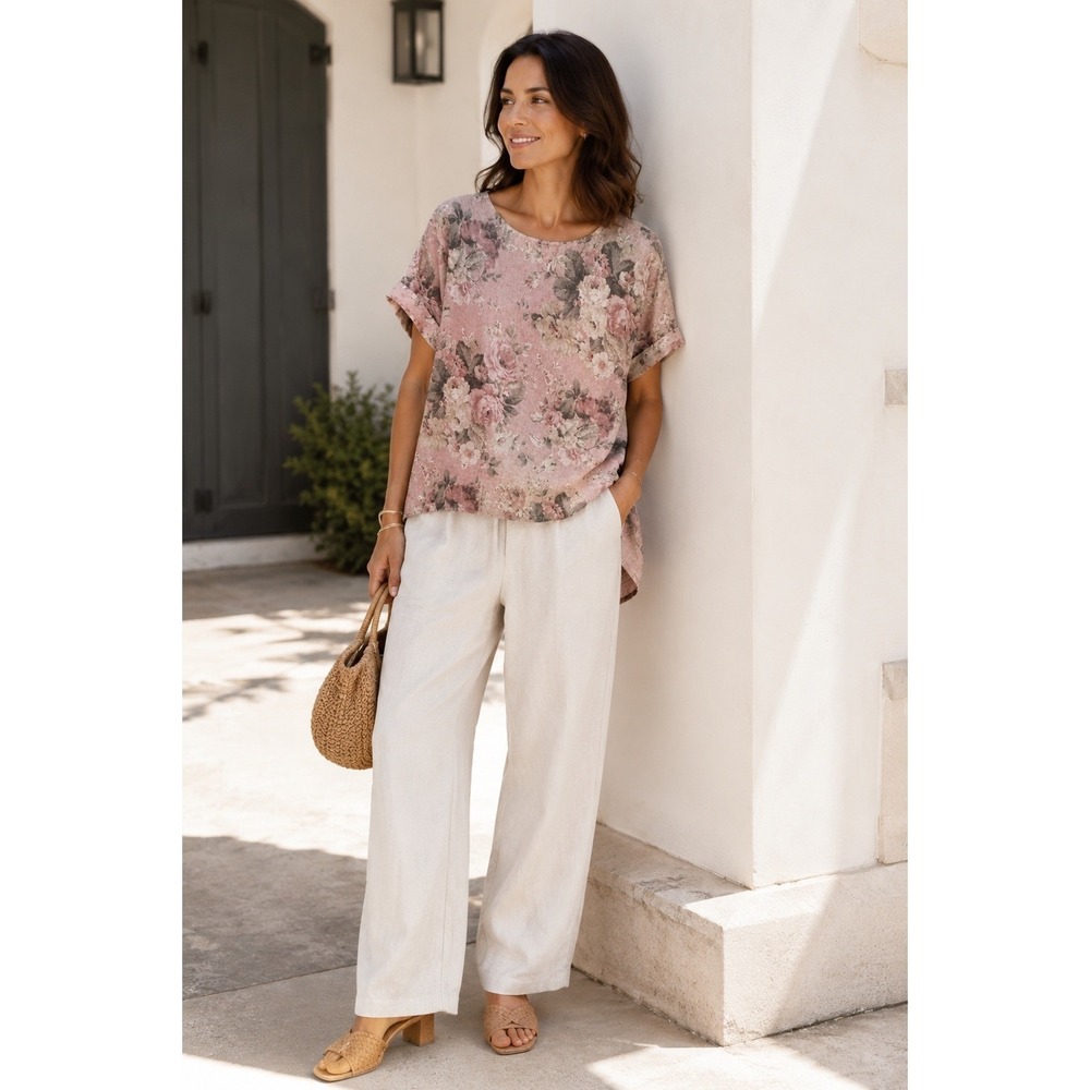 Miss Rose Sister Violet European Linen Floral Tunic XL  Italy Lagenlook Coastal